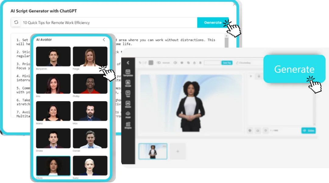 AI Studios' editing software broken down into 3 steps featuring multiple AI Avatars