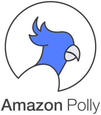 A blue haired cockatoo with no other facial features. Inside of a white circle with its name, “Amazon Polly,” below it.