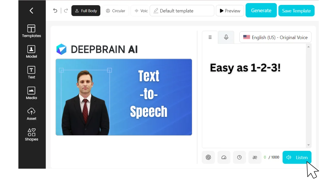 DeepBrain AI’s AI Studios video editing software indicating their text to speech feature with AI Avatar “Jonathan.”