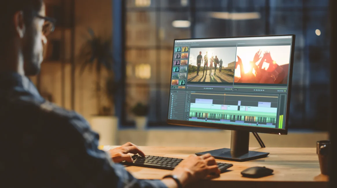 A man editing video on a desktop computer