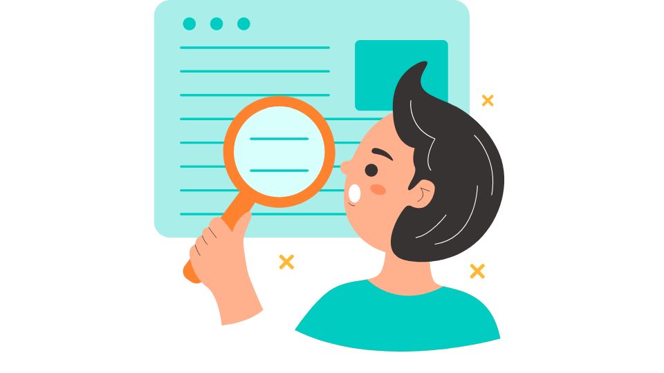 A person researching a web browser with a magnifying glass.