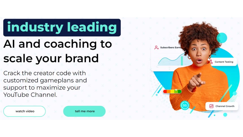 TubeBuddy's enterprise page with watch video and tell me more buttons and a woman pointing.