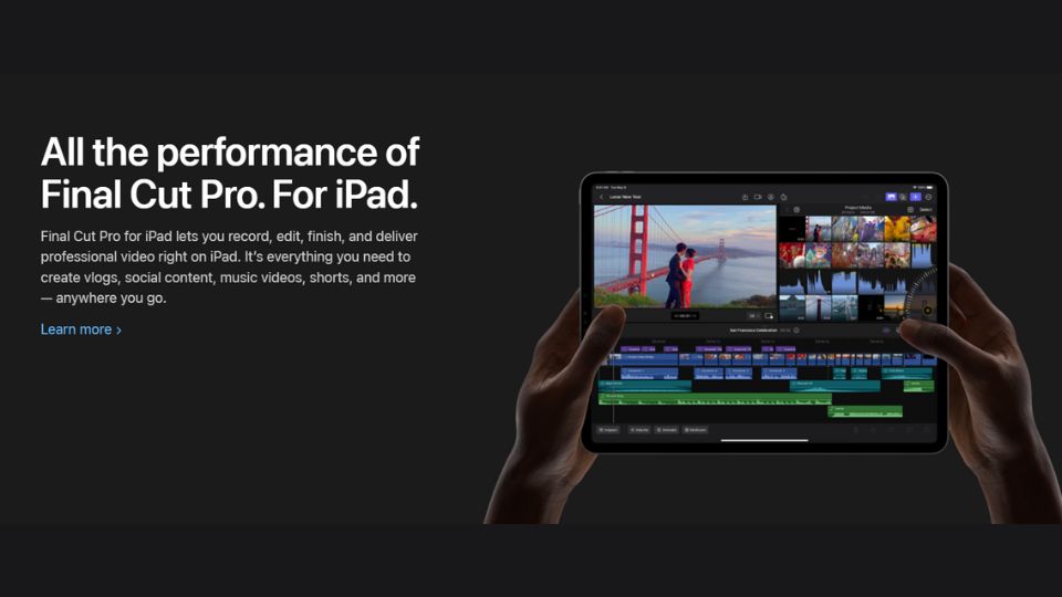 Hands holding an iPad with Final Cut Pro X open on it.