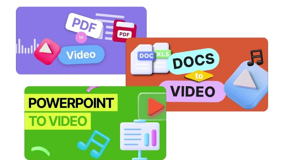 AI Studios' PDF, Docs, and Powerpoint to Video features as thumbnails.