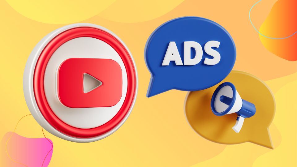A YouTube play button next to message bubbles that show the words ADS and a megaphone.