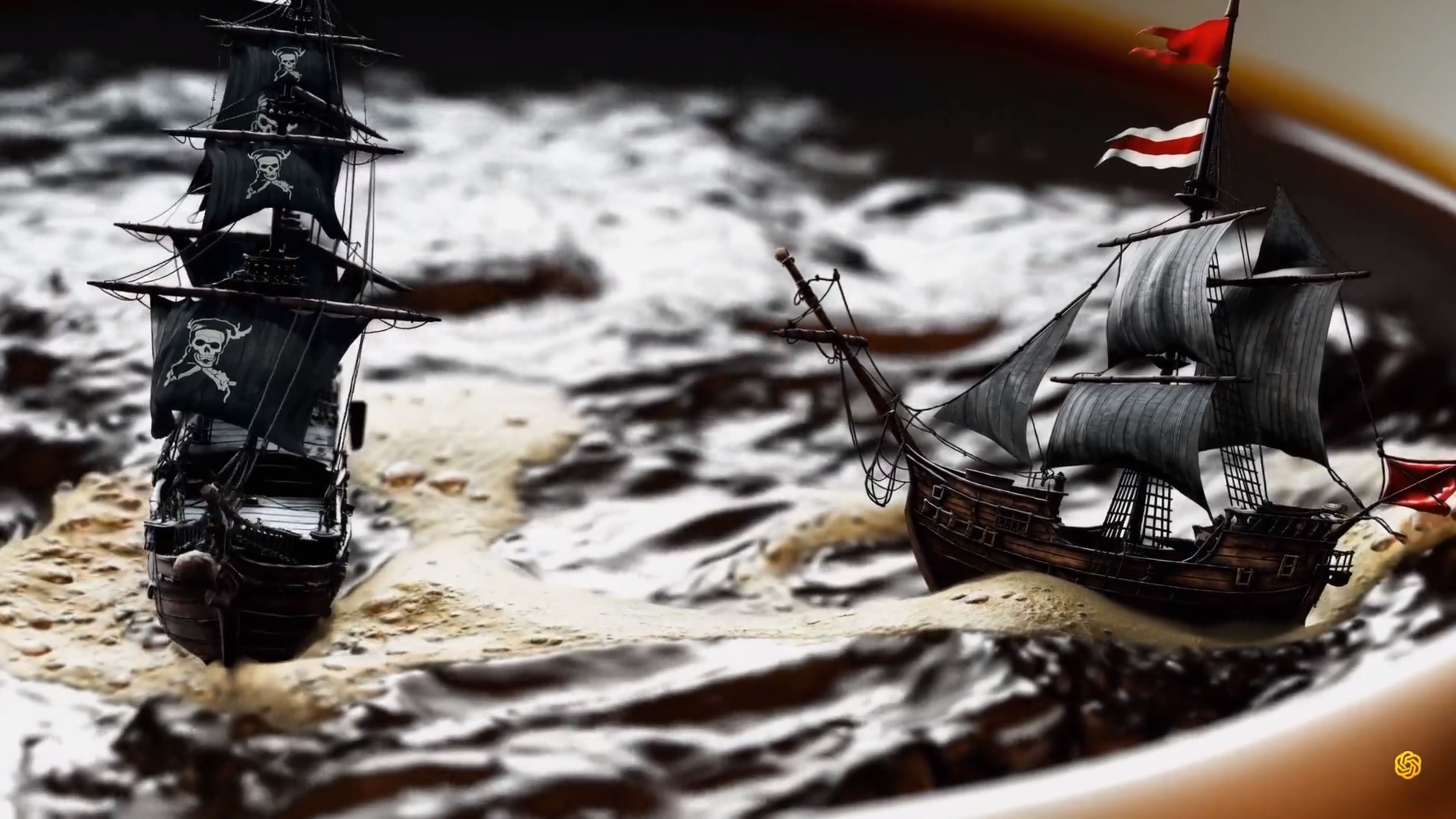 A photo of two small sailboats floating on top of a coffee cup. 