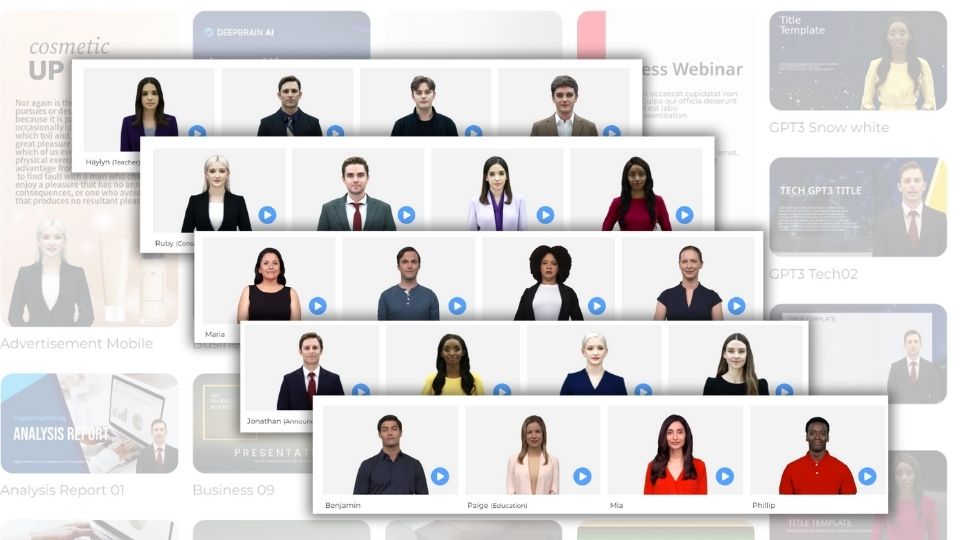 DeepBrain AI's AI Studio's templates and a few rows of their avatars.