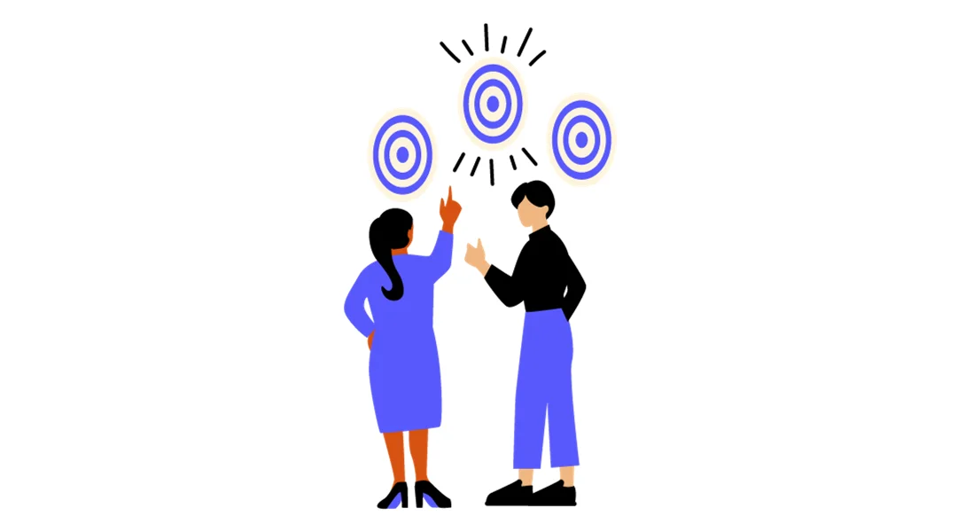 2 people pointing at 3 different targets and one of them is emphasized.