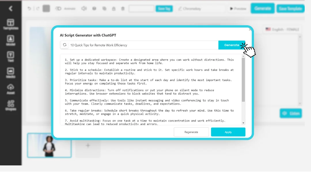 DeepBrain AI's AI Studios video editing software with an emphasis on an AI script generator
