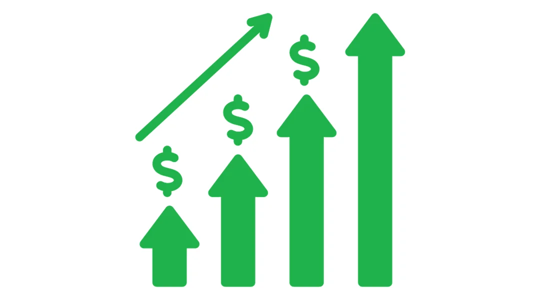 A bar graph increasing with dollar signs on top each bar.