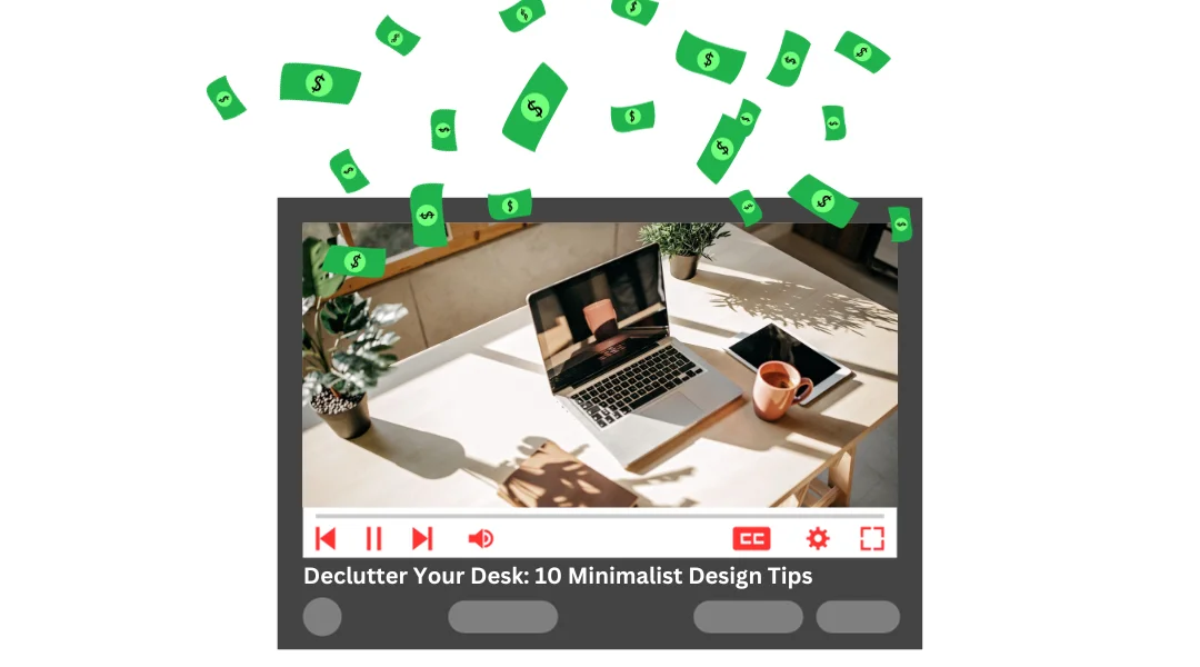 A YouTube video with dollars flying off of it