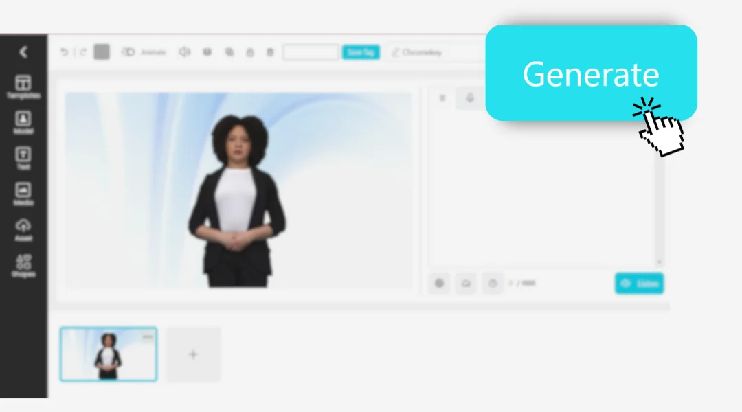 AI Studios' video editing interface with an emphasis on the button Generate.