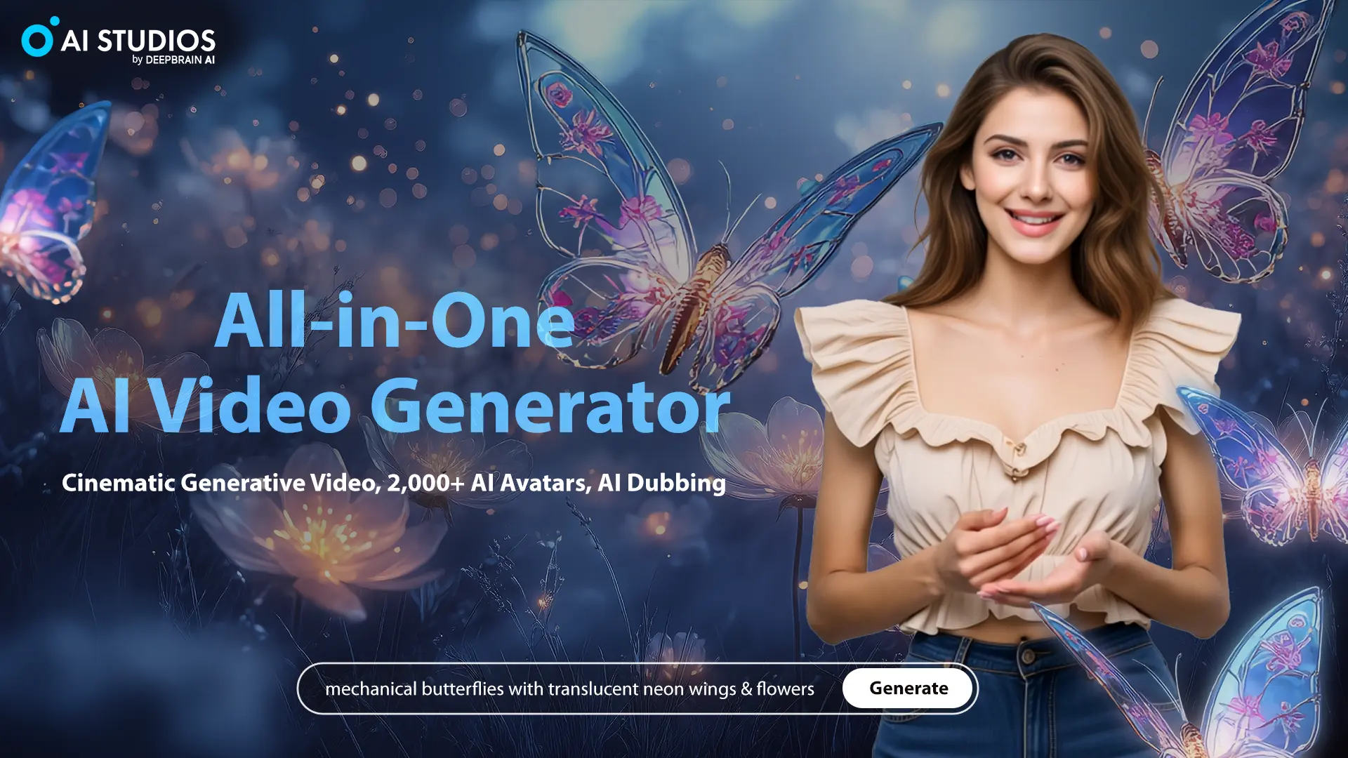 Promotional image for AI Studios' All-in-One AI Video Generator featuring a smiling female AI avatar. The background includes mechanical butterflies with translucent neon wings and glowing flowers. Text reads: 'All-in-One AI Video Generator' and 'Cinematic Generative Video, 2,000+ AI Avatars, AI Dubbing'.