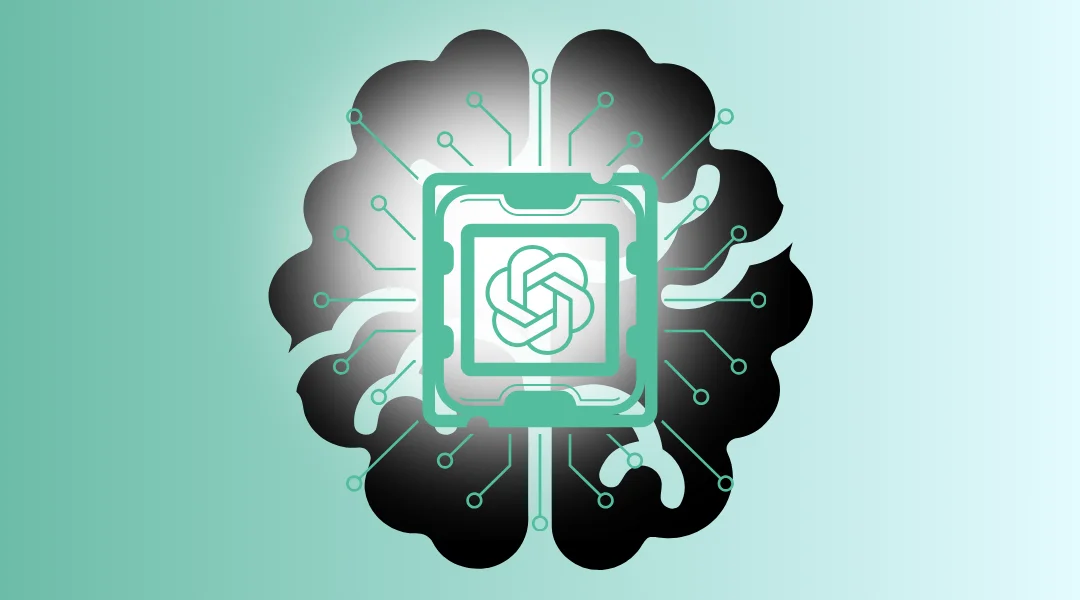 The ChatGPT logo appearing as a processor chip on top of a black brain