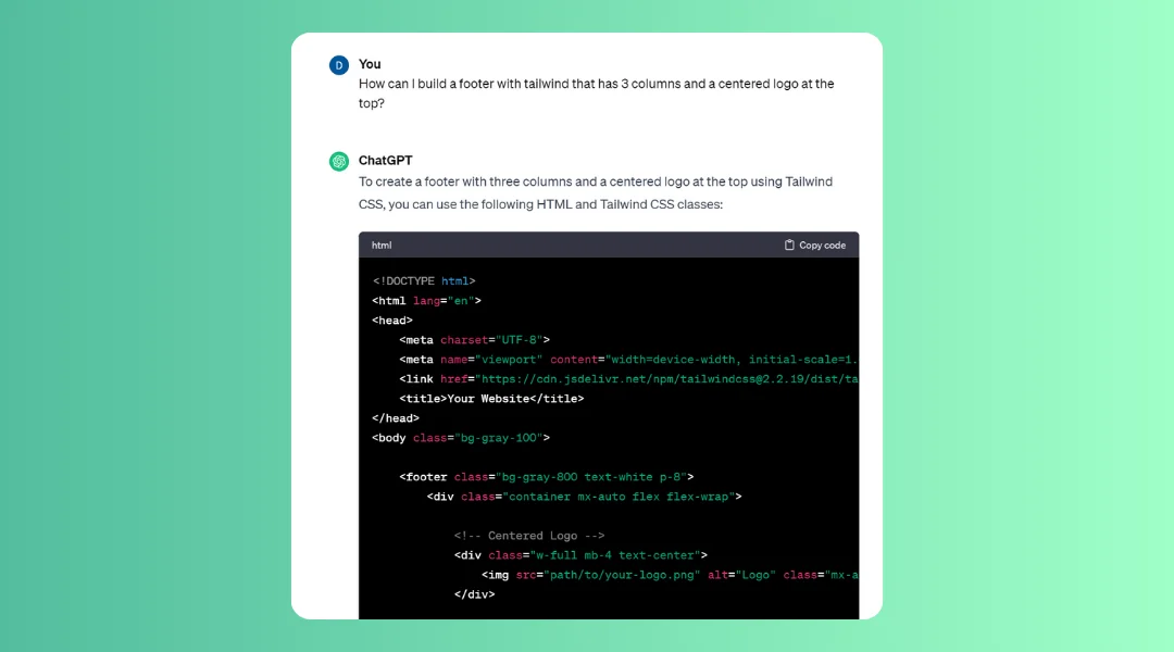 The UI of ChatGPT showing ChatGPT can be used for coding assistance