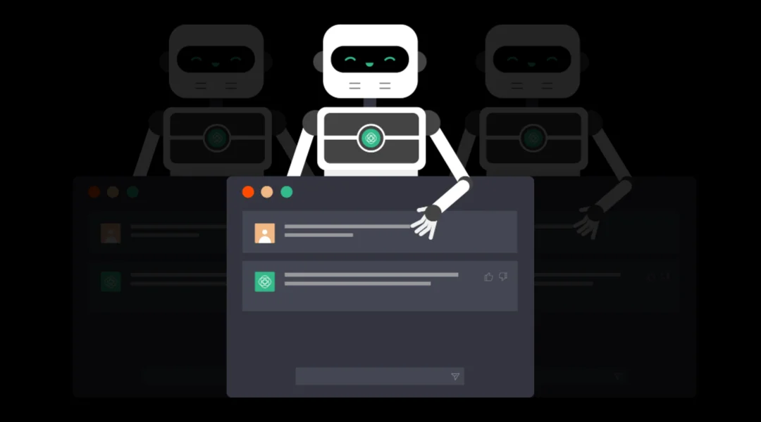 A cute robot holding a iOS browser showing the ChatGPT UI