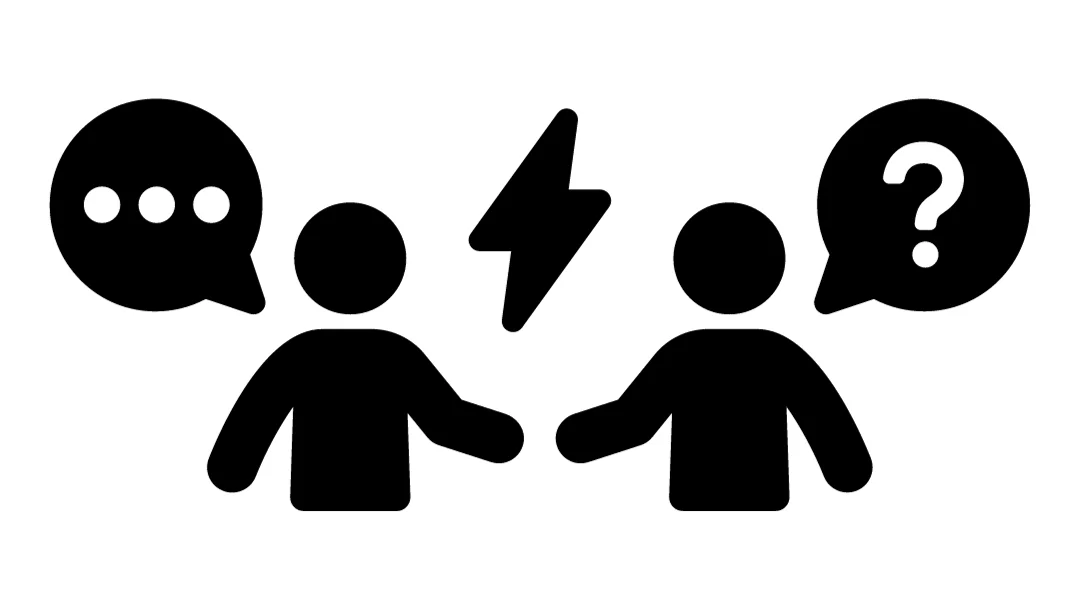 Two stick figures about to shake hands, with a lightning bolt in the middle of them. One has a speech bubble. The other has a question mark bubble