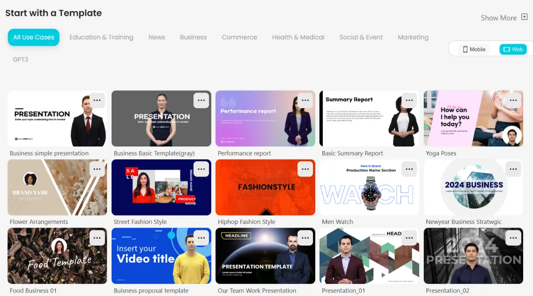 DeepBrain AI's AI Studio showing many templates to build videos