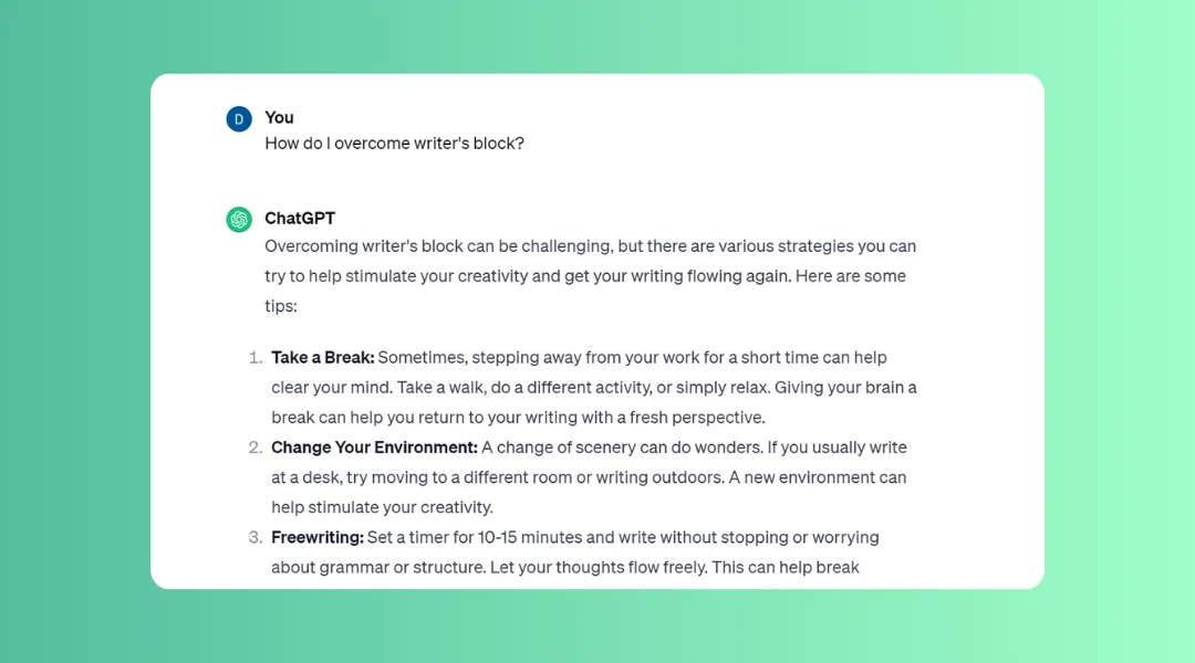 The UI of ChatGPT showing ChatGPT can be used for content creation