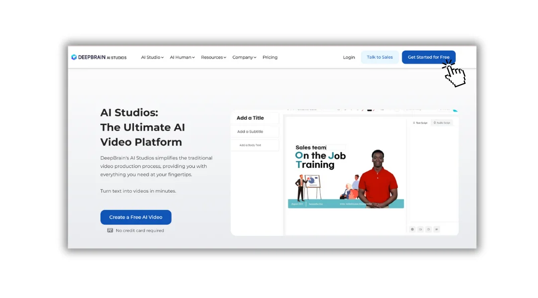 The homepage of DeepBrain AI's AI Studios with a cursor pointing at "Get Started for Free"
