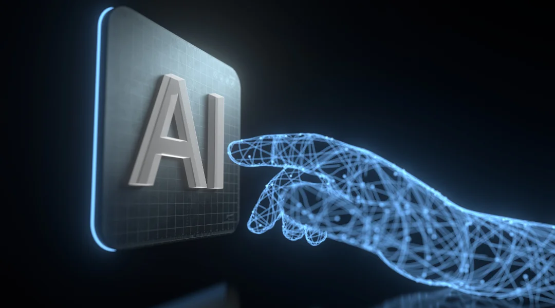 an AI digitally mapped hand pointing at a floating AI symbol