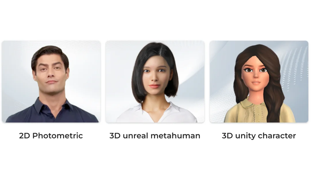 A 2D Photometric AI Avatar man, a 3D unreal female metahuman, and 3D unity female character lined up next to each other