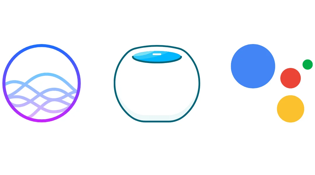 AI devices Siri, Echo Dot, and Google Assistant logos lined up next to each other, clipart style
