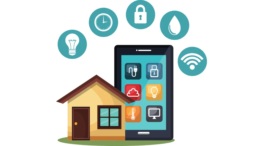 A small house with large smartphone controlling AI smart home apps, clip art style