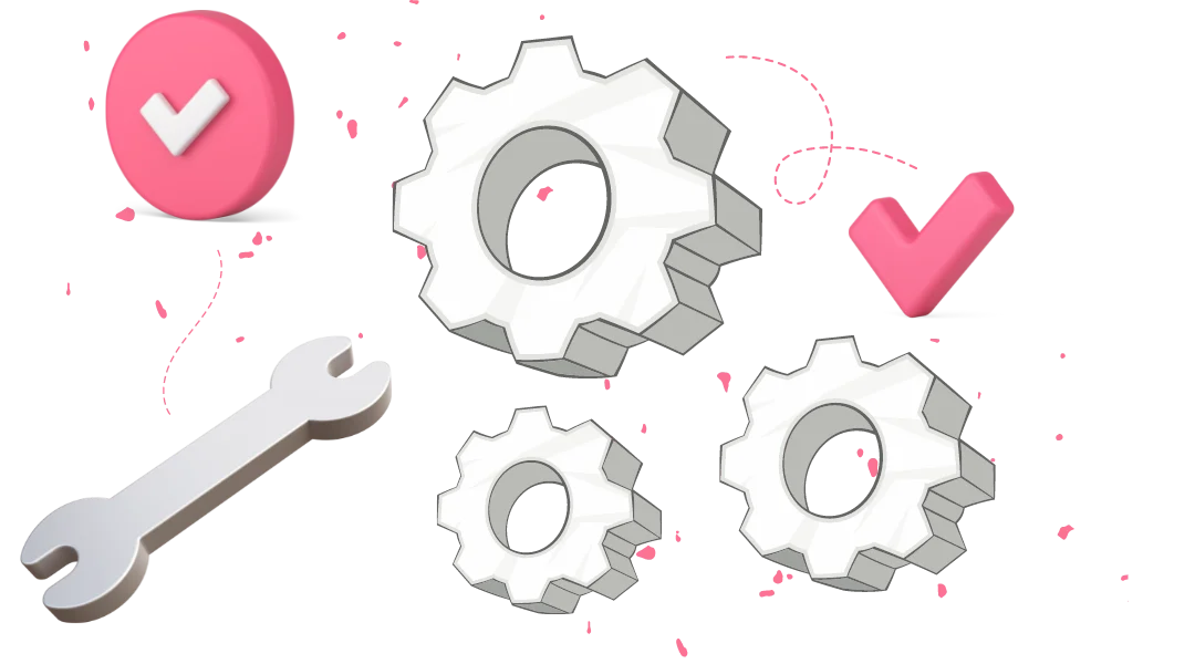 3 different sized gears with a wrench and checkmarks, to indicate troubleshooting. 3D clip art style