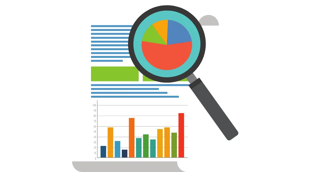 A magnifying glass looking at a different colored pie chart on a document with AI data insights