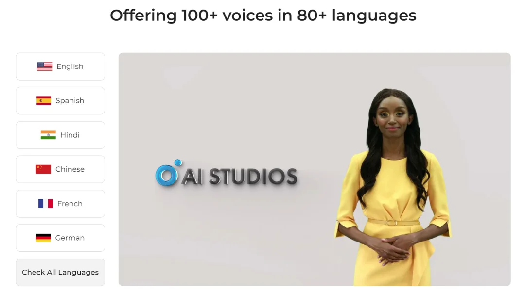 AI Avatar is next to AI Studios’ logo with many languages to show AI Studios offers many languages for video creation