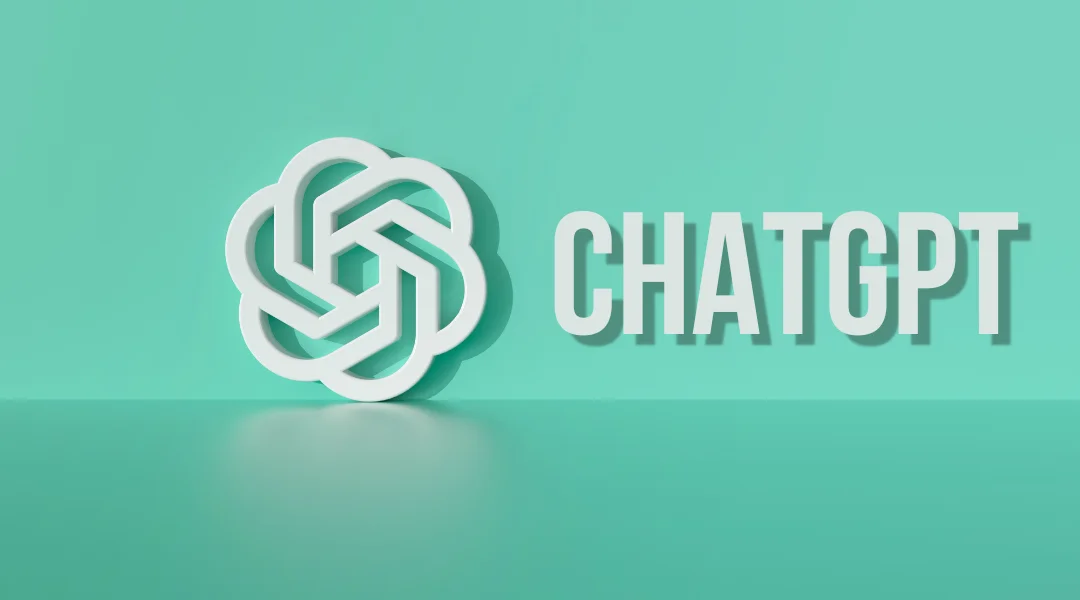 ChatGPT floral logo reflecting on a matte mint colored stage with the words chatgpt in white next to it
