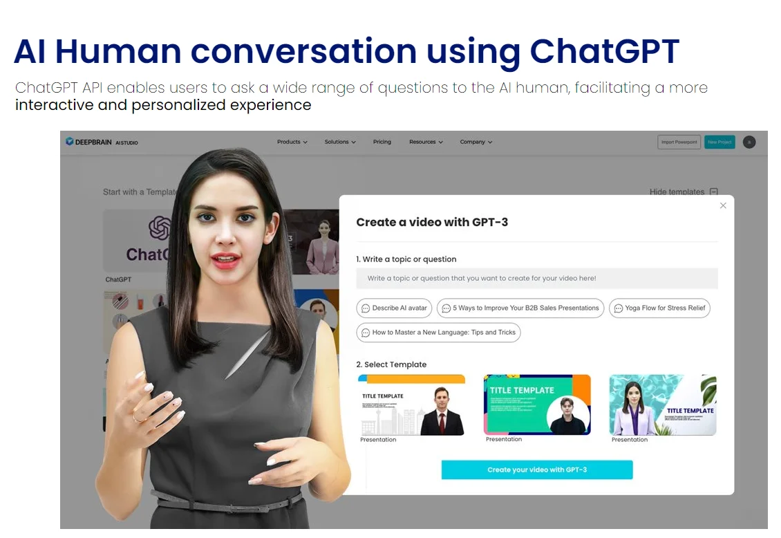 a female AI avatar explaining how to create a video with GPT 3 from DeepBrain AI’s website