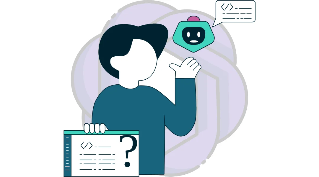 alt text: man holding a html script and pointing at a robot that is speaking the html script, clip art style