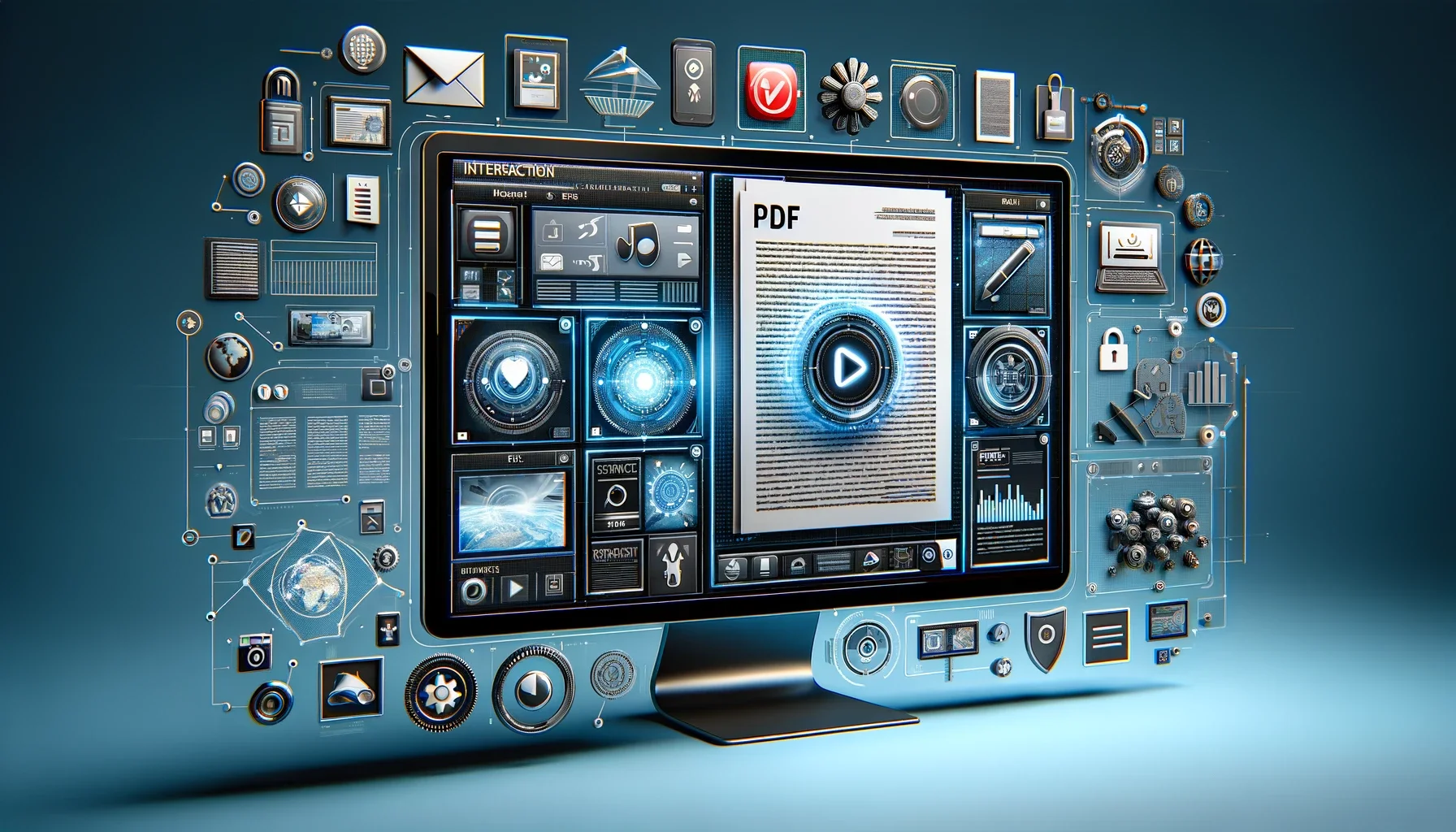 The image showcases a modern digital screen displaying a dynamic and interactive PDF document. This PDF features a variety of advanced elements, including clickable buttons, embedded video clips, and animations, demonstrating its adaptability for different uses such as digital magazines with multimedia content and secure, encrypted official government forms.