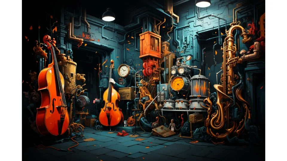 An underground subway station, alive with street art and the echoes of a jazz saxophonist