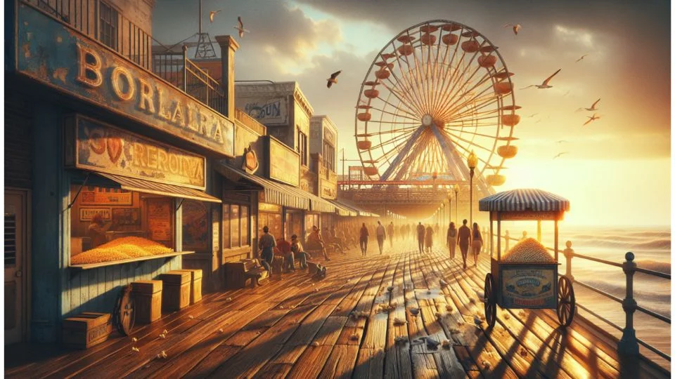A vintage seaside boardwalk in the golden hour, complete with an old-fashioned Ferris wheel.