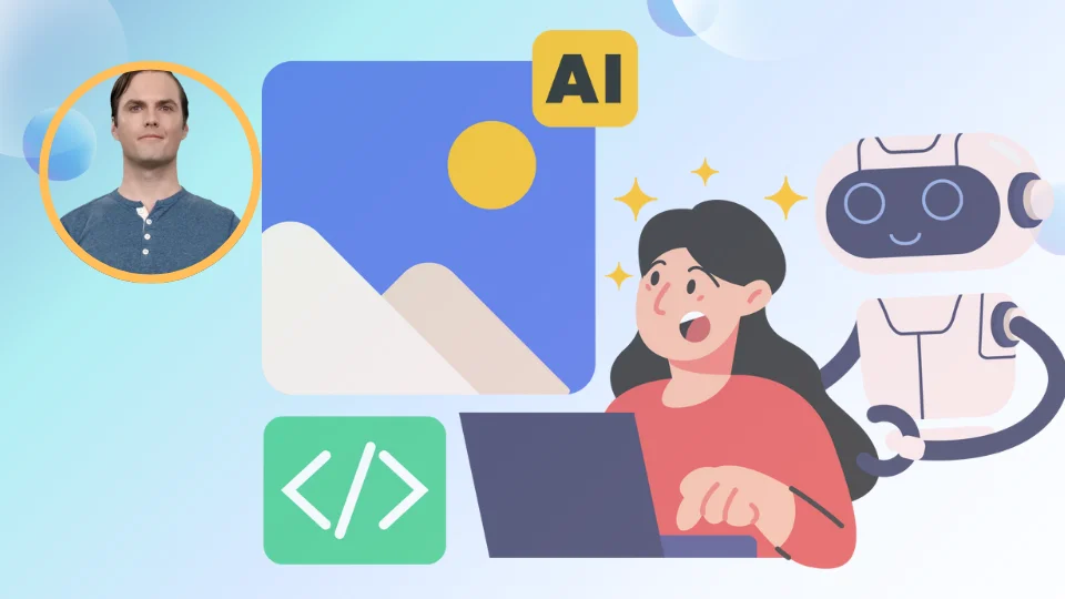 DeepBrain AI's AI Avatar next to a girl creating an AI image through a prompt while a robot hovers over her.