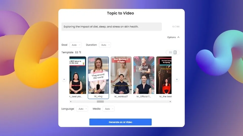 AI Studios' Topic to Video generator with an input about skin care. 