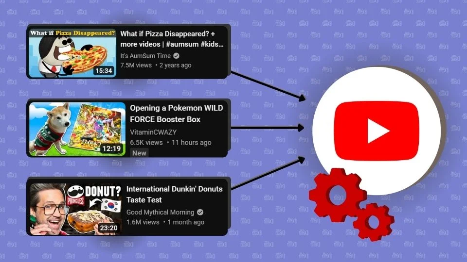 Education, entertainment, and marketing YouTube video thumbnails pointing at a YouTube play button.