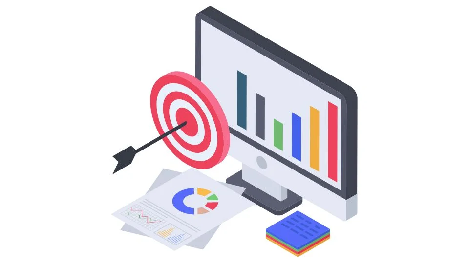 A computer screen with bar graphs, a bullseye target, reports scattered, and a pile of sticky notes.l
