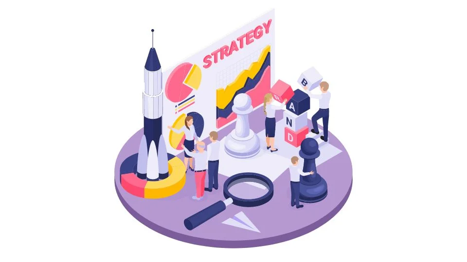 People building blocks labeled BRAND, moving chess pieces, and presenting a marketing strategy with a spaceship.