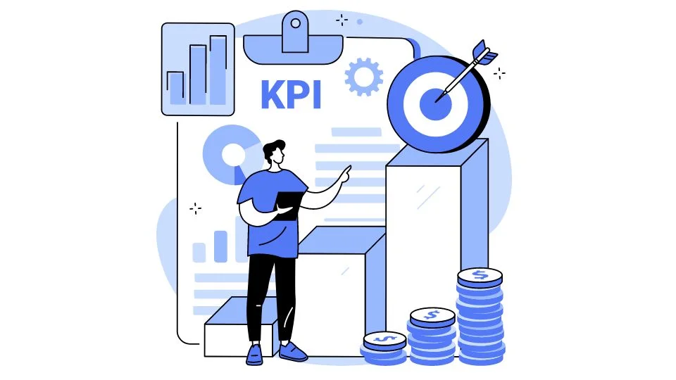 A man standing in front of a clipboard labeled KPI with stats on it, and a huge bar graph with a target at the top.