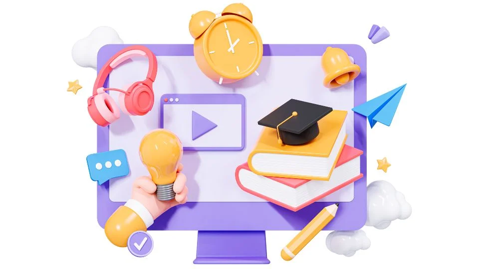 A computer, headphones, clock, bell, books, graduation cap, pencil, hand holding a lightbulb, and clouds floating.
