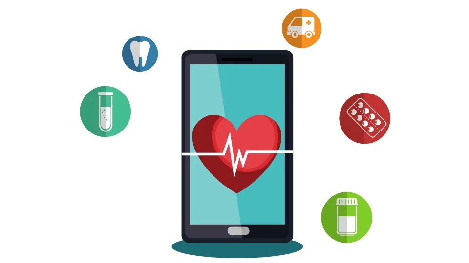 A heart beating on a smartphone with a tube, tooth, ambulance, medication leaflet, and prescription bottle floating.