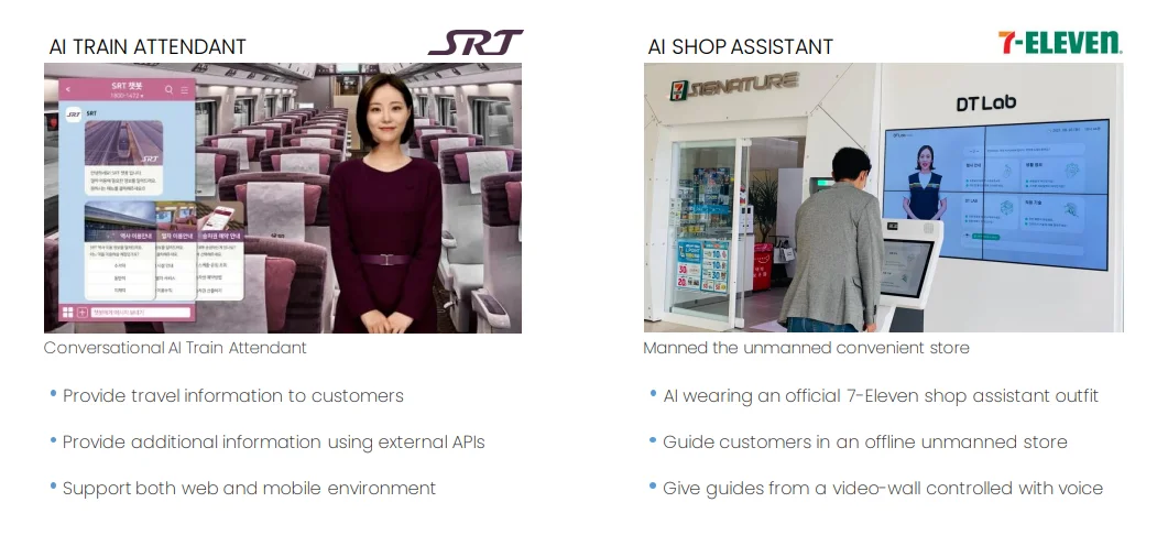 2 use cases from AI Human by DeepBrain AI of an AI Train Attendant and AI Shop Assistant.