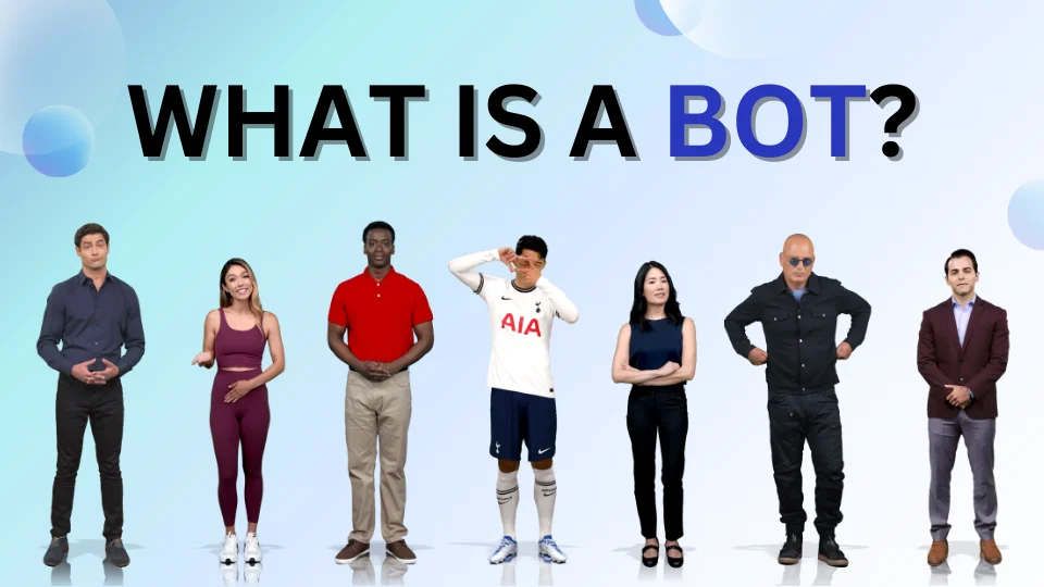 DeepBrain AI's AI Studios' diverse AI avatars with "What is a bot?" at the top.