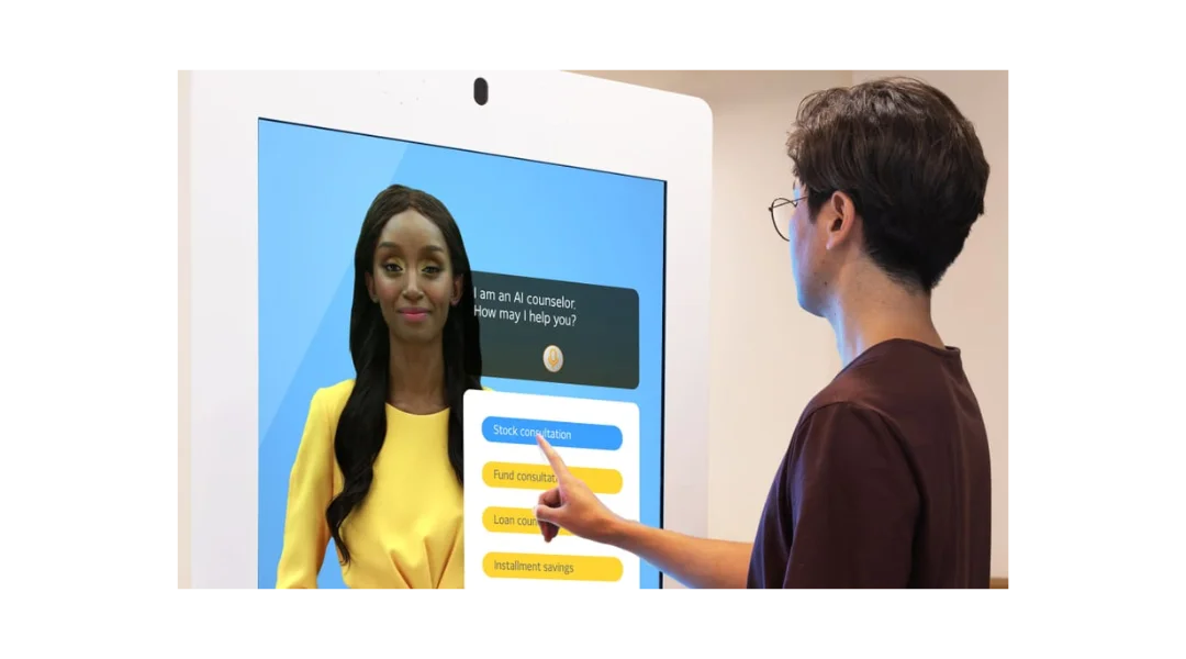 A person interacting with AI Avatar Paris in a DeepBrain AI kiosk about banking and finance