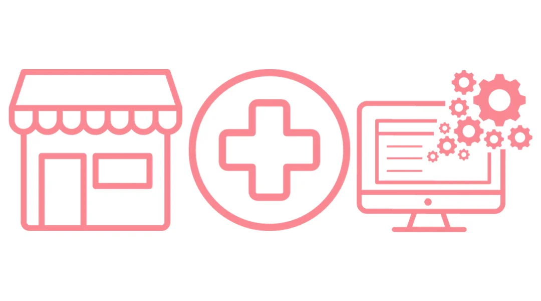 A retail store, hospital symbol, and a computer monitor with gears coming out of it