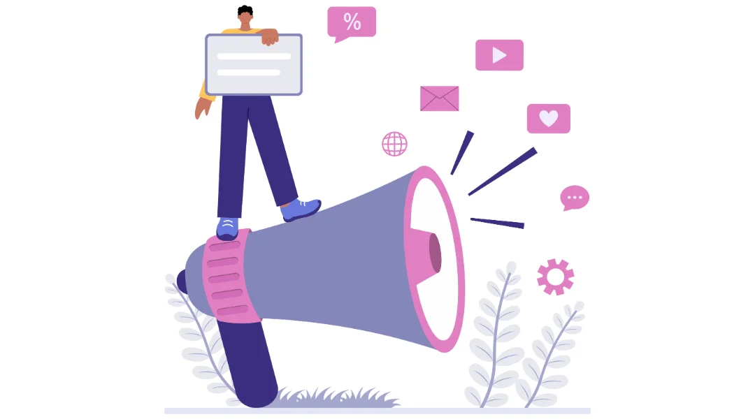 A man standing on a megaphone with different type of outbound marketing related images coming out of it